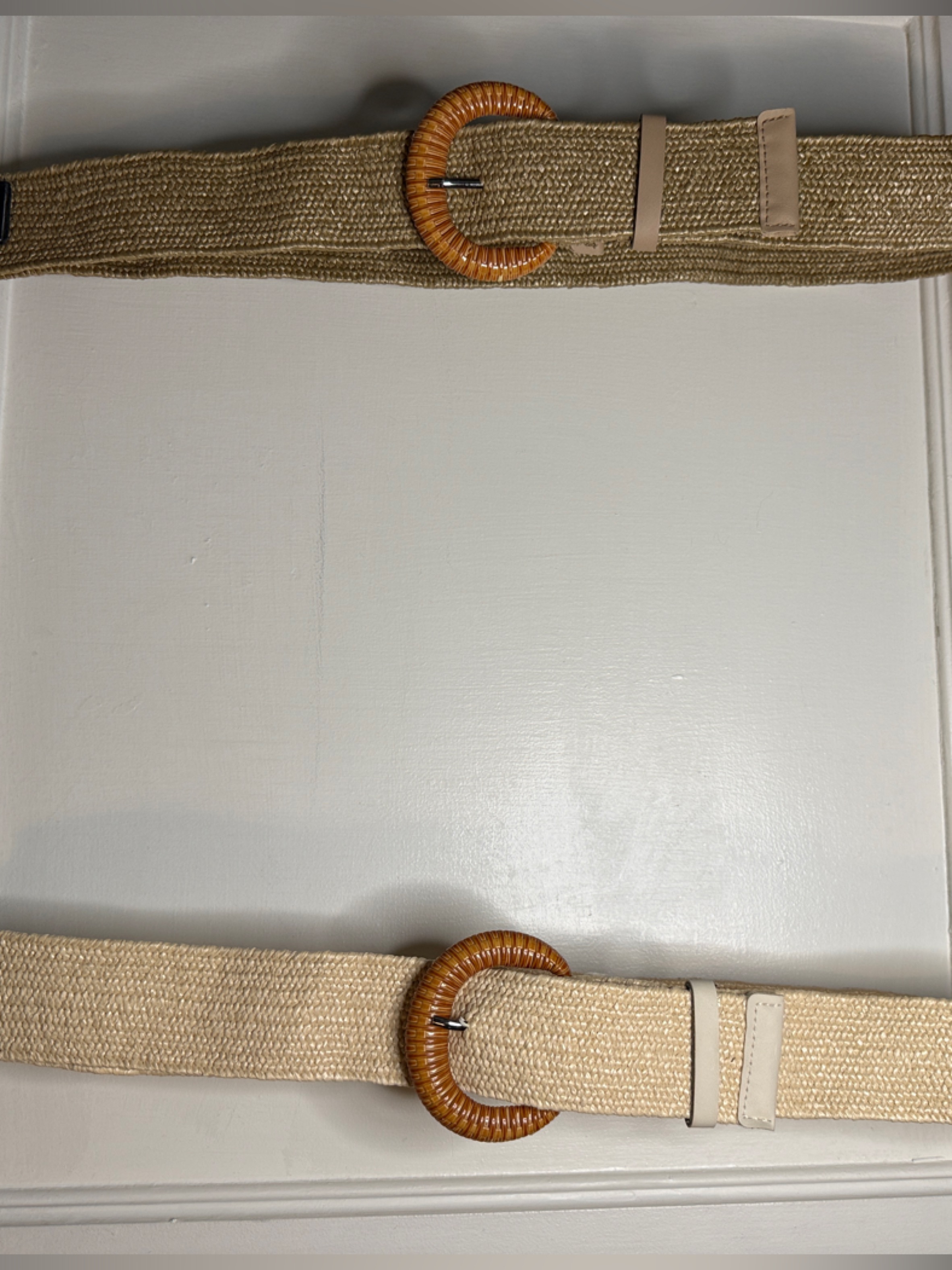 2 Woven Natural Straw Belts With Wood Ring Buckles